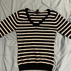 Black and White Striped V-Neck Sweater